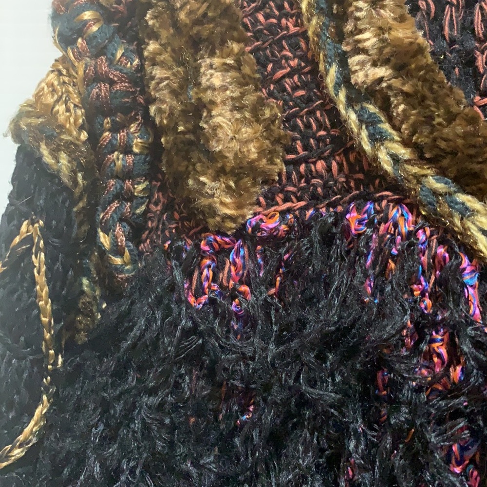 RARE/UNIQUE VINTAGE FLASHBACK RETRO SZ L FUZZY KNIT JACKET:BLACK/MULTI+ FRINGE - Picture 3 of 12
